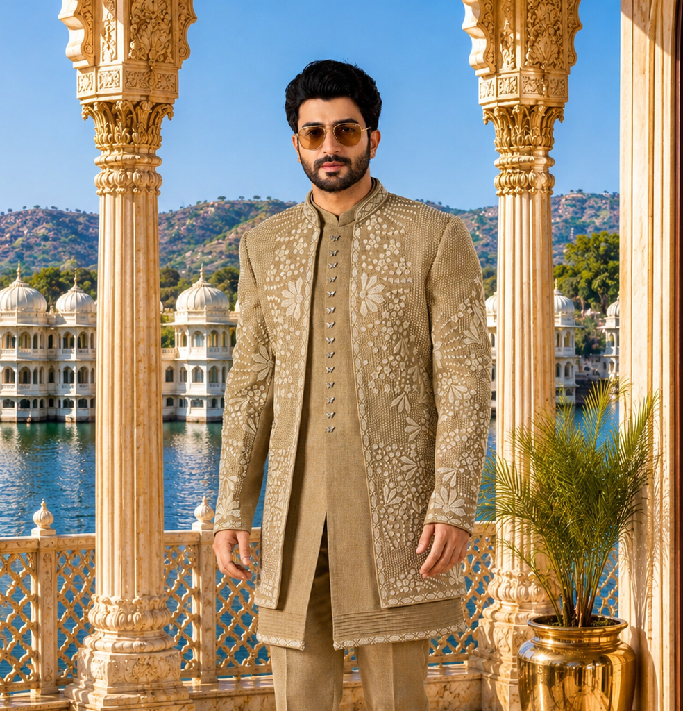 Gold Indo-Western Sherwani for Men | Indian Groom Wedding Outfit