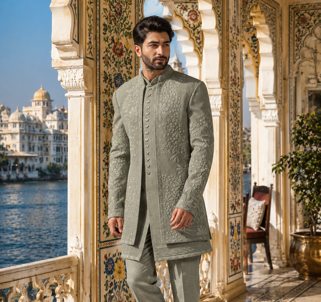 Pistachio Green Indo-Western Sherwani for Men | Indian Groom Wedding Outfit