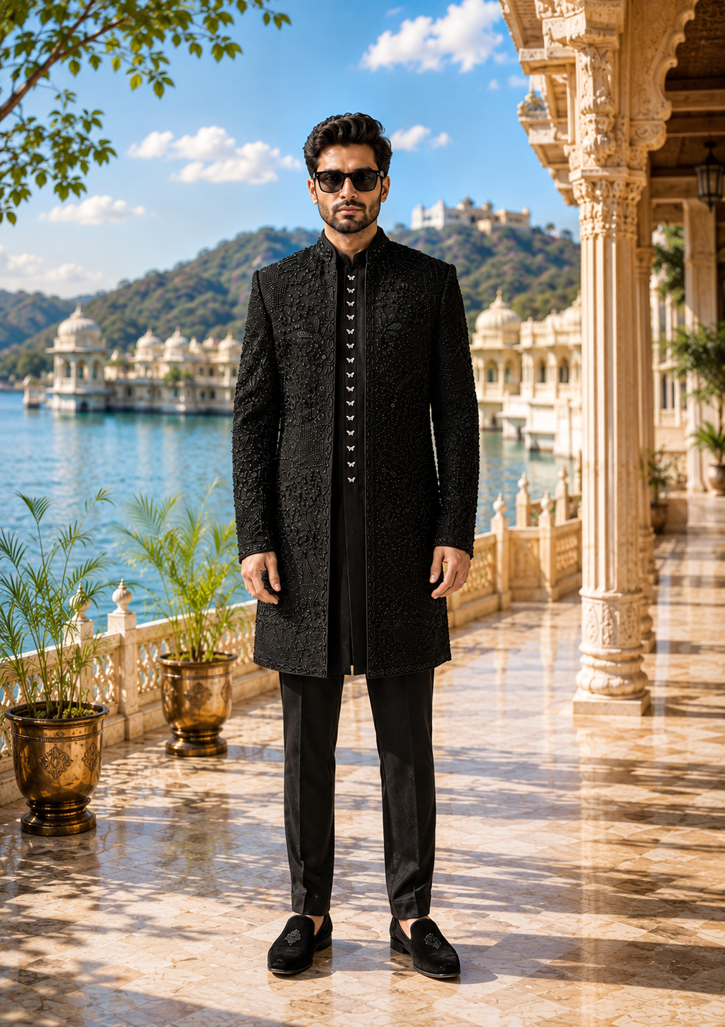 Black Indo-Western Sherwani with Shawl for Men | Indian Groom Wedding Outfit