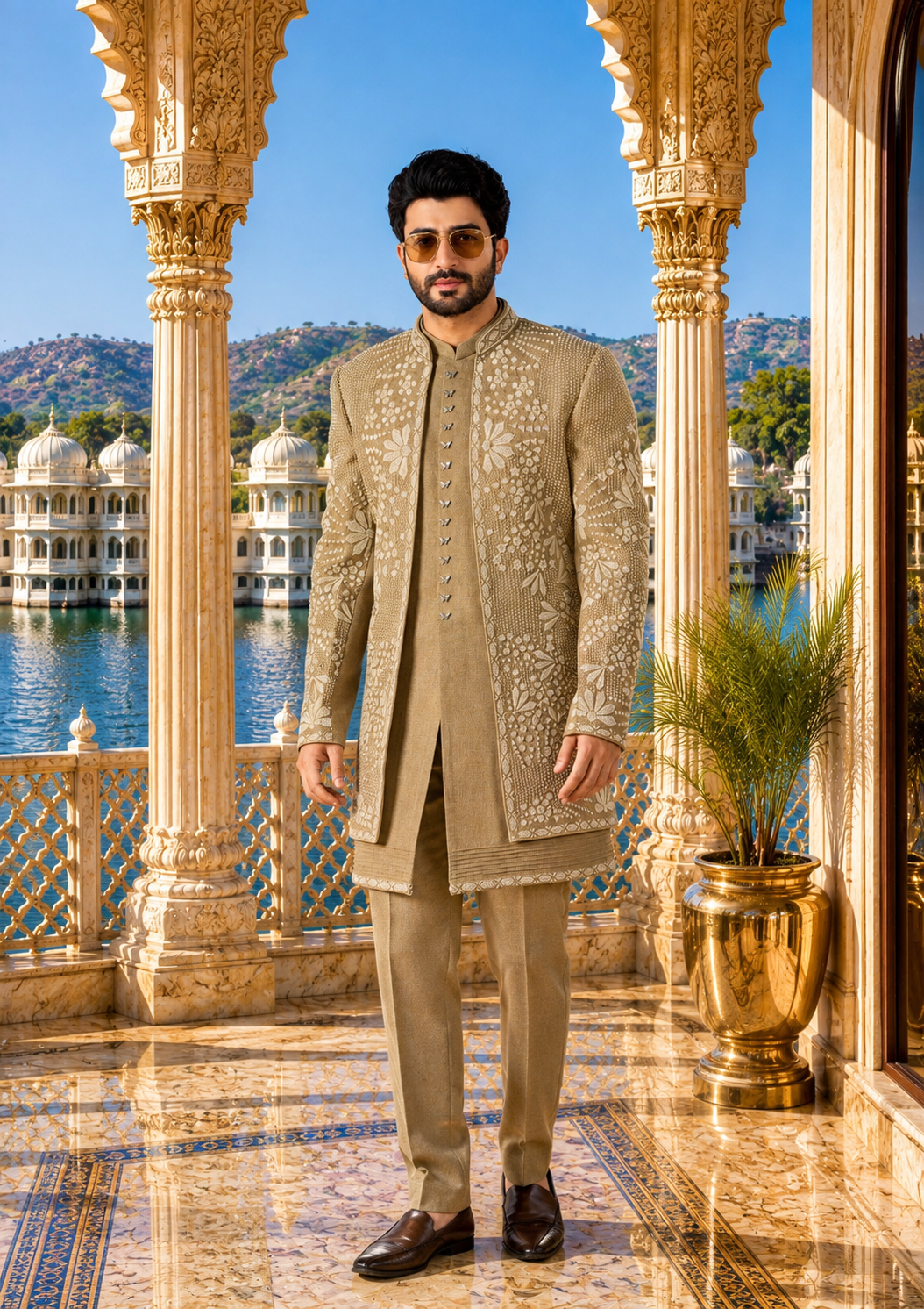 Gold Indo-Western Sherwani for Men | Indian Groom Wedding Outfit
