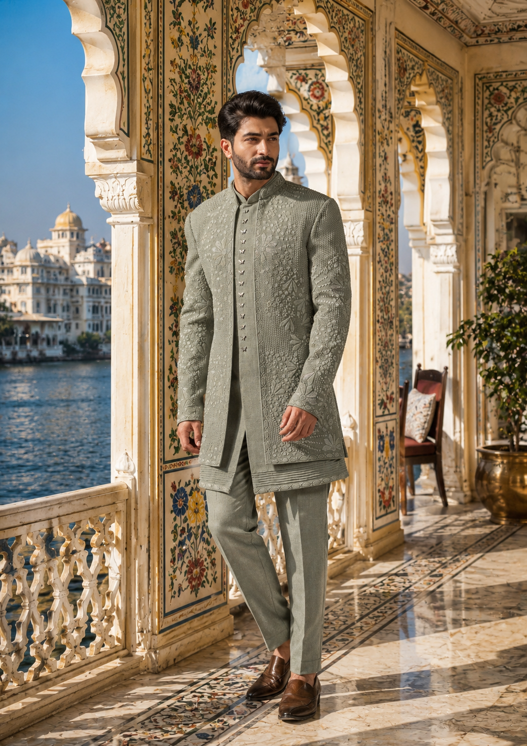 Pistachio Green Indo-Western Sherwani for Men | Indian Groom Wedding Outfit