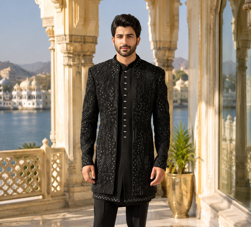 A man wearing a black embroidered sherwani jacket with a black kurta and trousers, standing on a marble terrace with a lake and palace in the background.