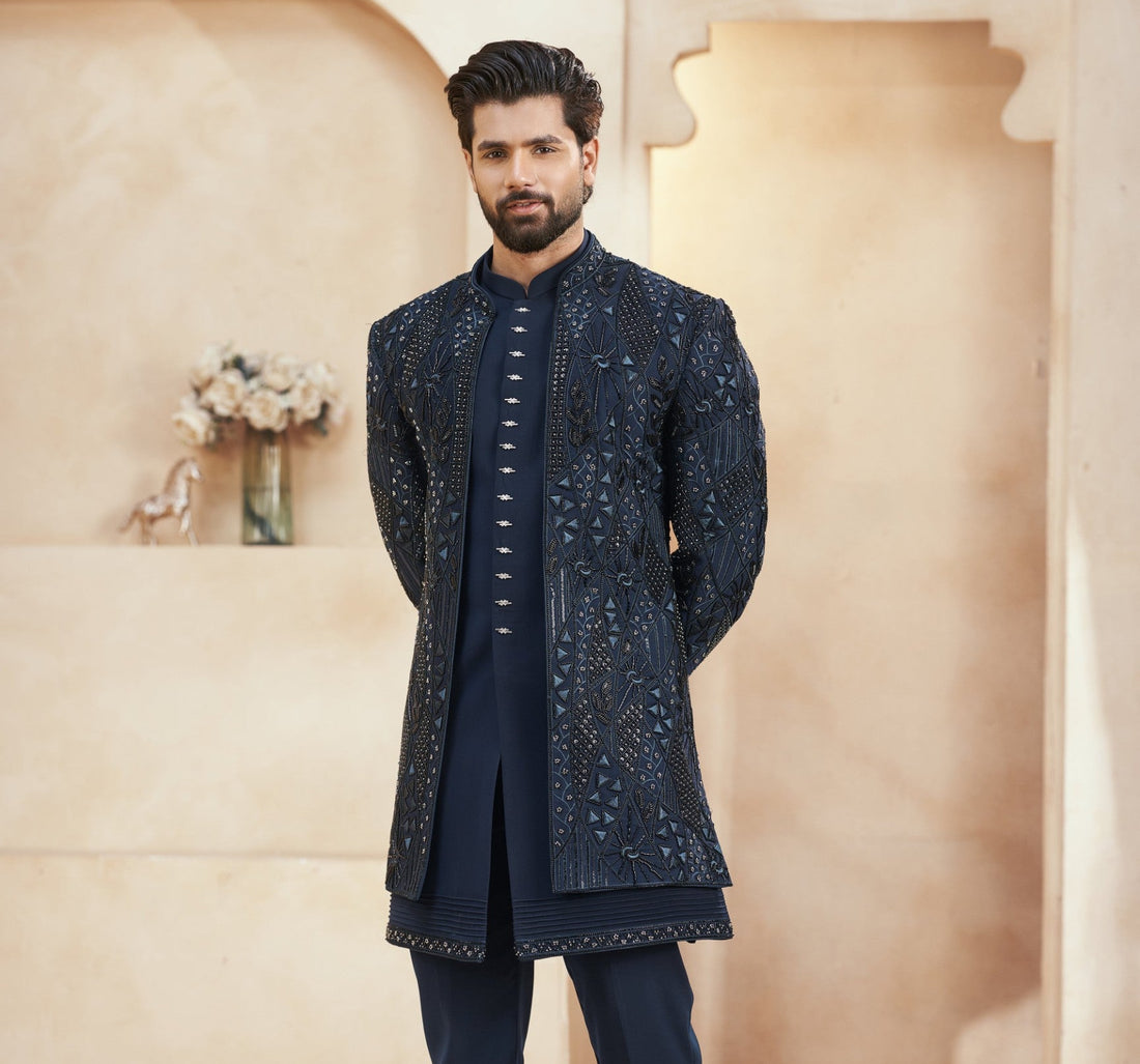 Rama Blue Indo-Western Sherwani for Men | Indian Groom Wedding Outfit