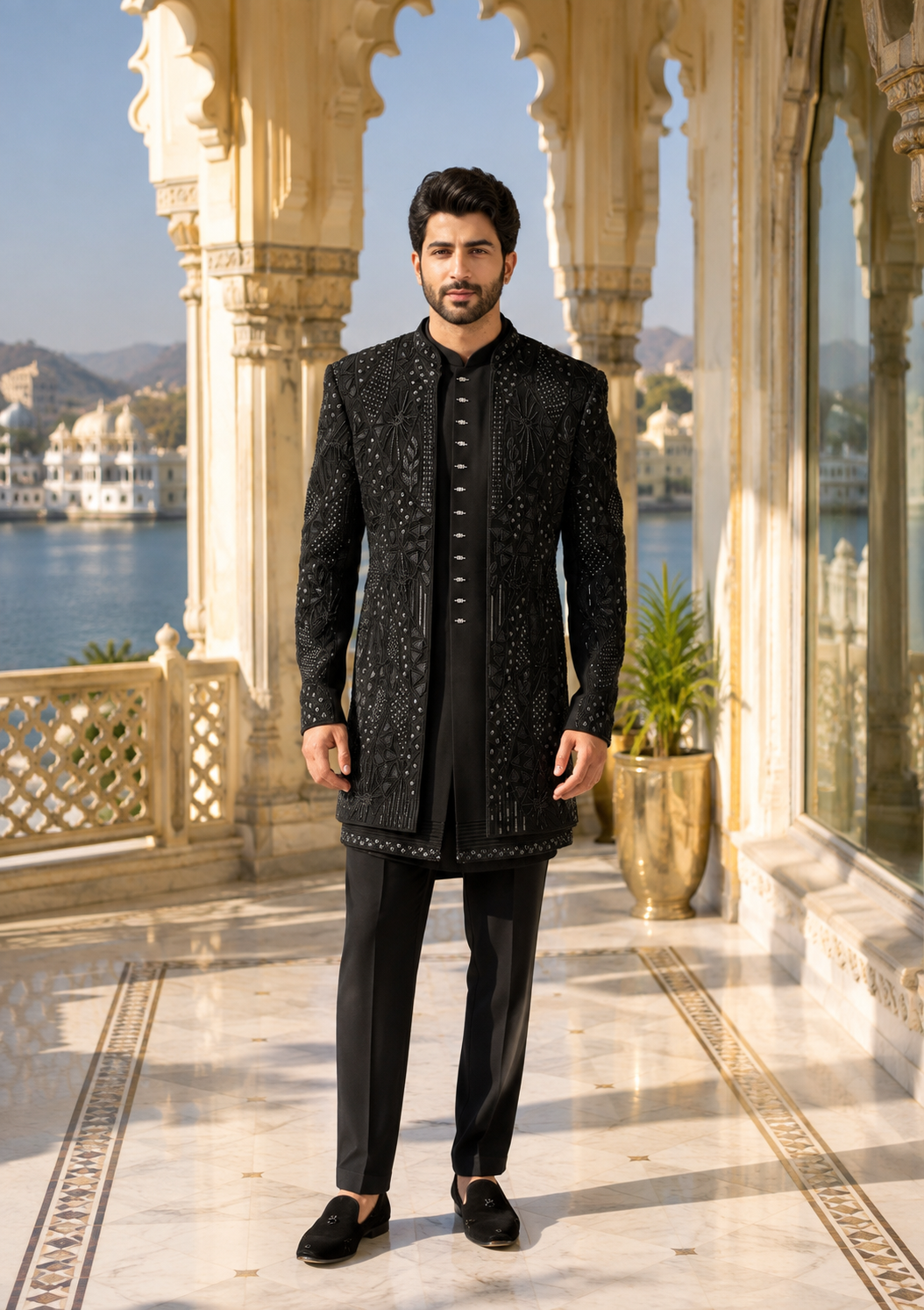 Black Indo-Western Sherwani with Shawl for Men | Indian Groom Wedding Outfit