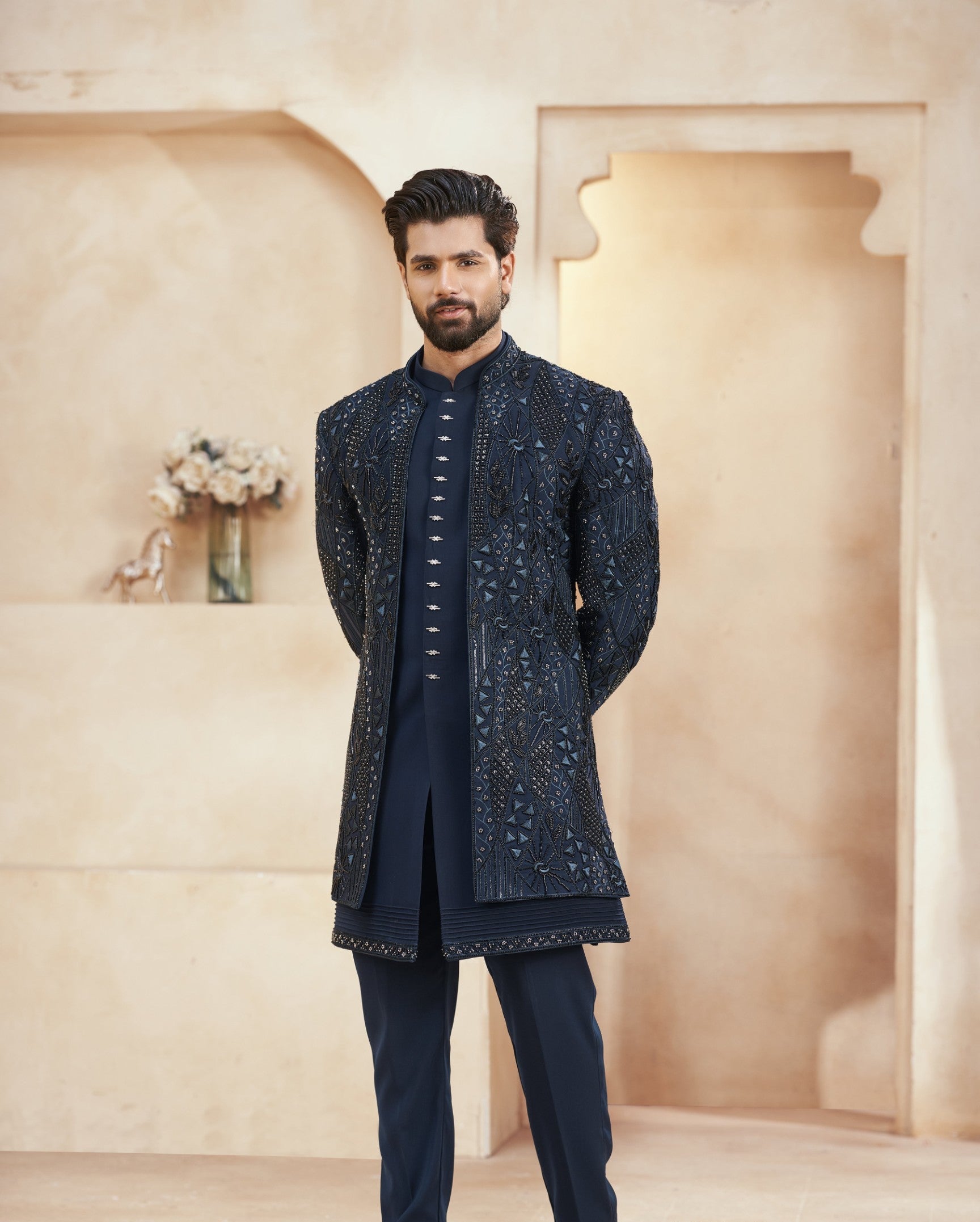 Rama Blue Indo-Western Sherwani for Men | Indian Groom Wedding Outfit