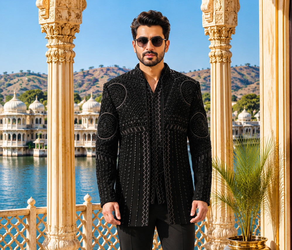 Black Indo-Western Sherwani with Shawl for Men | Indian Groom Wedding Outfit