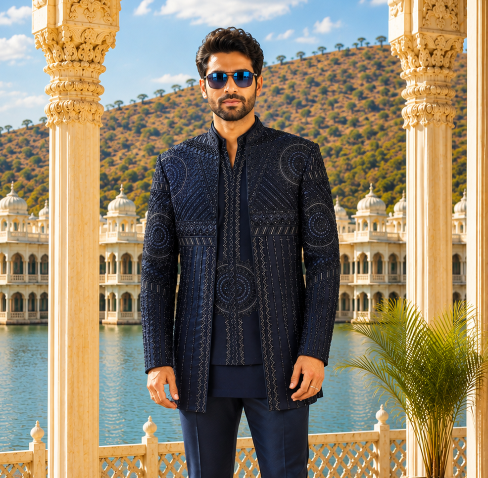 Blue Indo-Western Sherwani for Men | Indian Groom Wedding Outfit