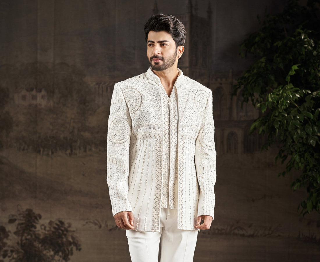Cream Indo-Western Sherwani for Men | Indian Groom Wedding Outfit