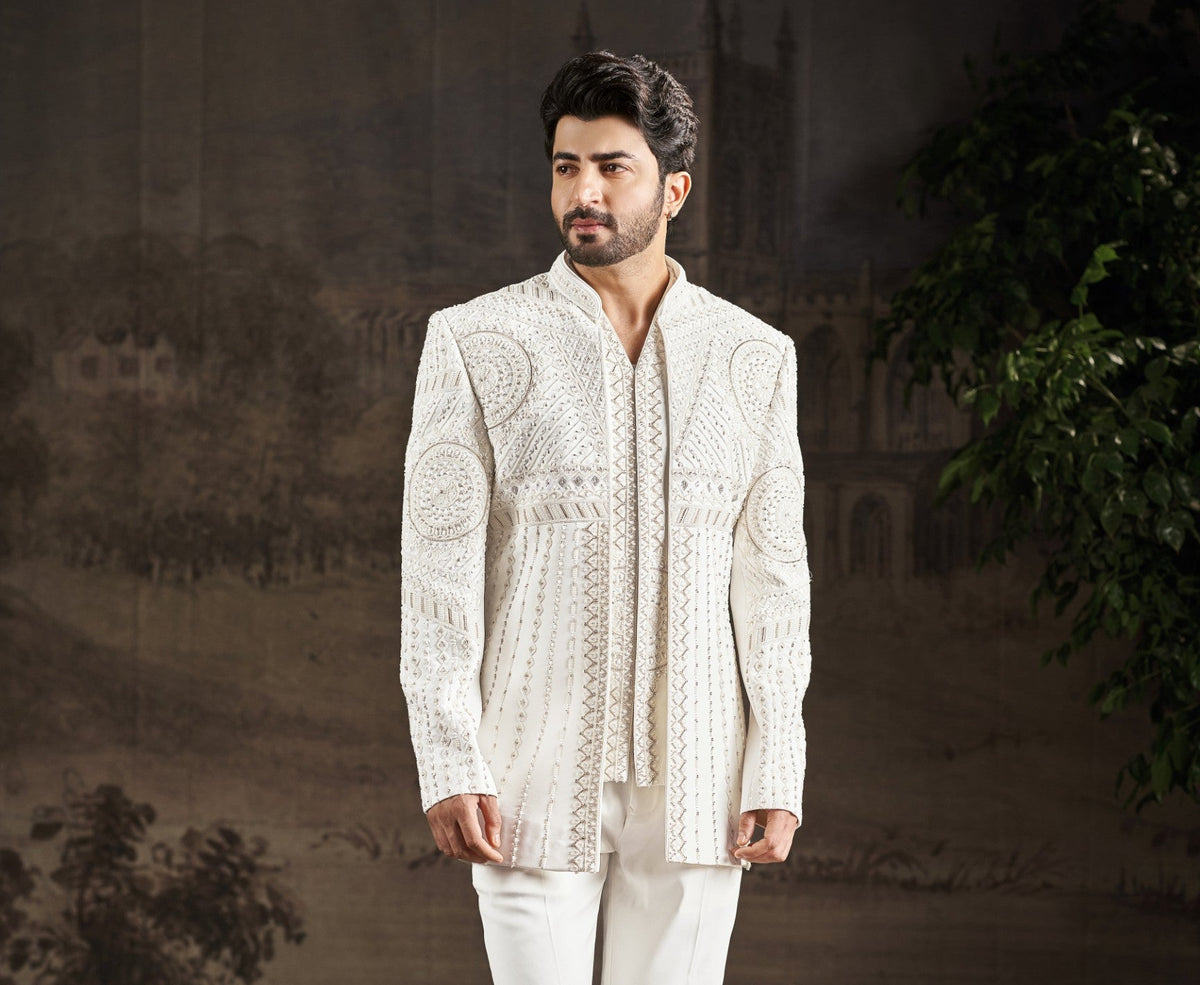 Cream Indo-Western Sherwani for Men | Indian Groom Wedding Outfit