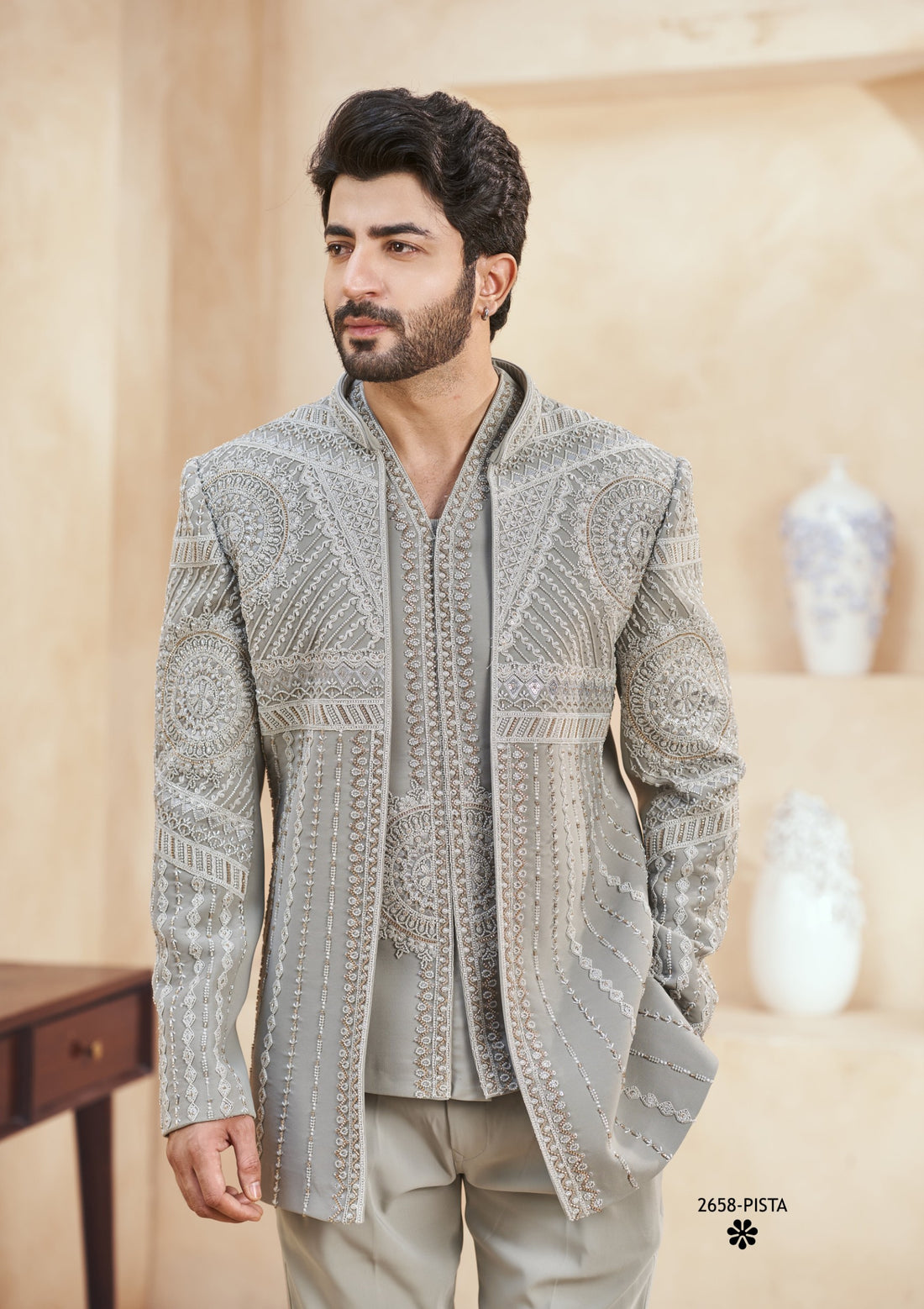 Pistachio Green Indo-Western Sherwani for Men | Indian Groom Wedding Outfit