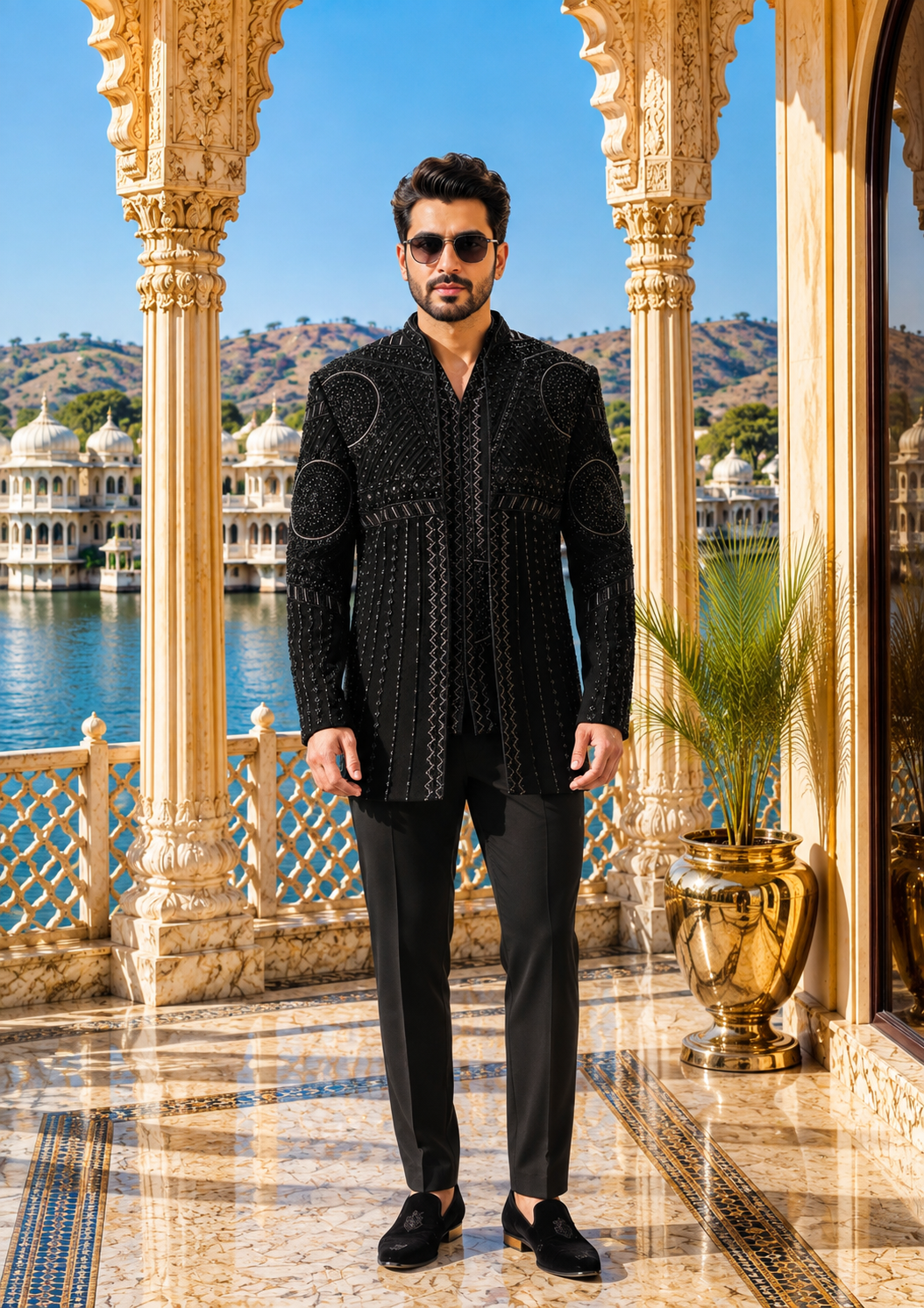 Black Indo-Western Sherwani with Shawl for Men | Indian Groom Wedding Outfit