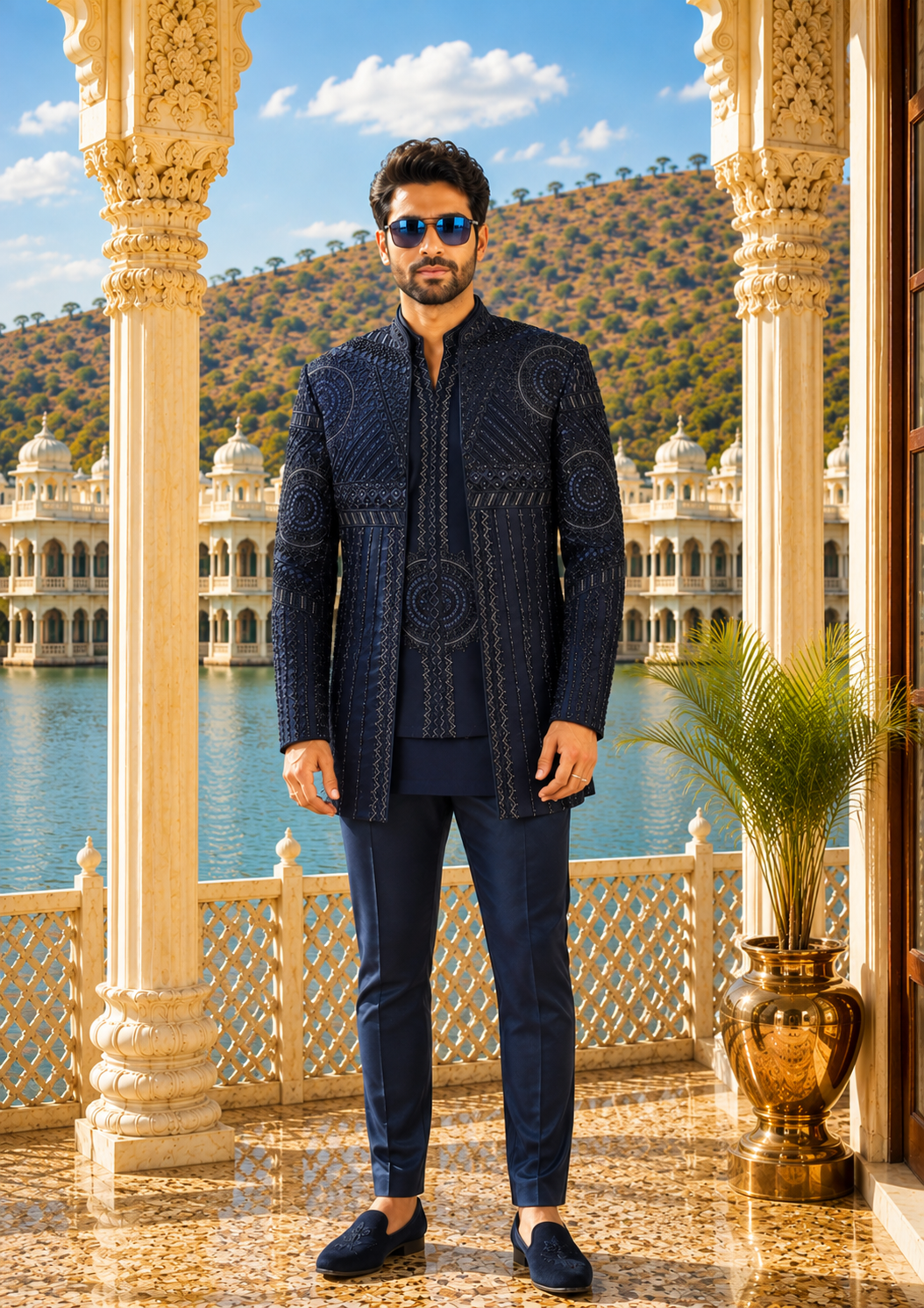 Blue Indo-Western Sherwani for Men | Indian Groom Wedding Outfit