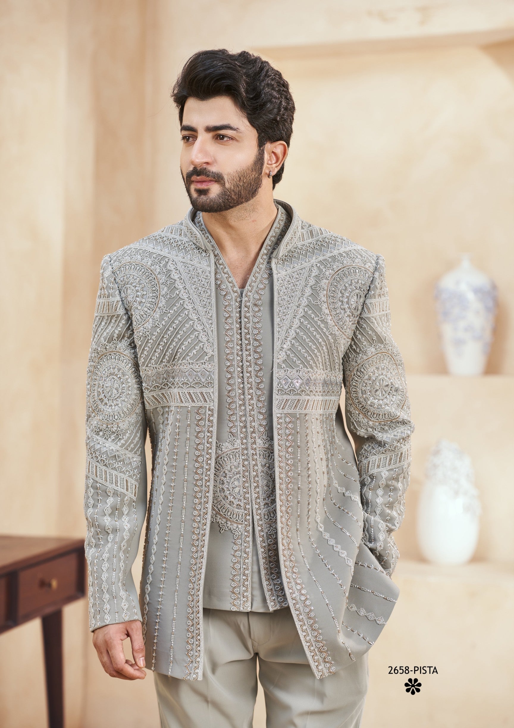 Pistachio Green Indo-Western Sherwani for Men | Indian Groom Wedding Outfit