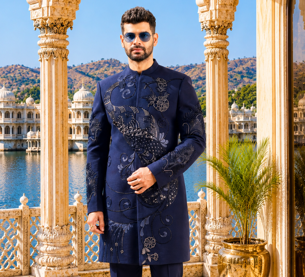 Blue Indo-Western Sherwani for Men | Indian Groom Wedding Outfit