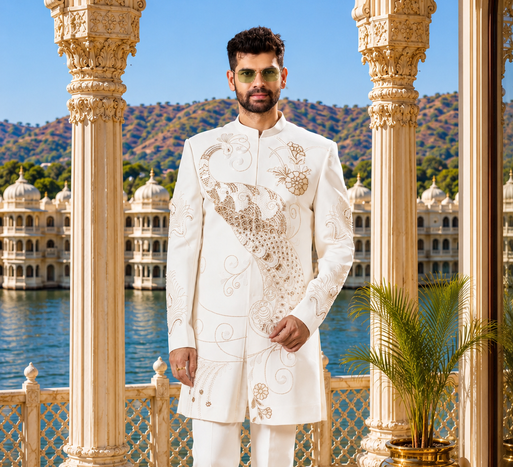 Cream Indo-Western Sherwani for Men | Indian Groom Wedding Outfit