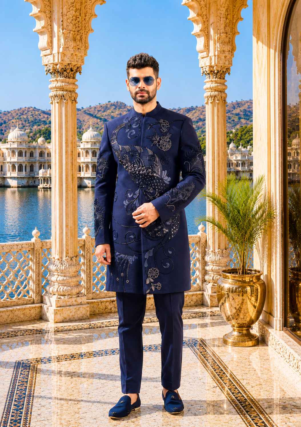 Blue Indo-Western Sherwani for Men | Indian Groom Wedding Outfit