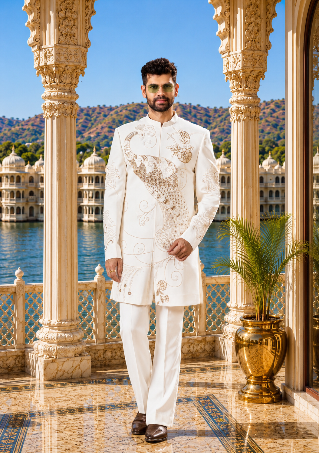 Cream Indo-Western Sherwani for Men | Indian Groom Wedding Outfit