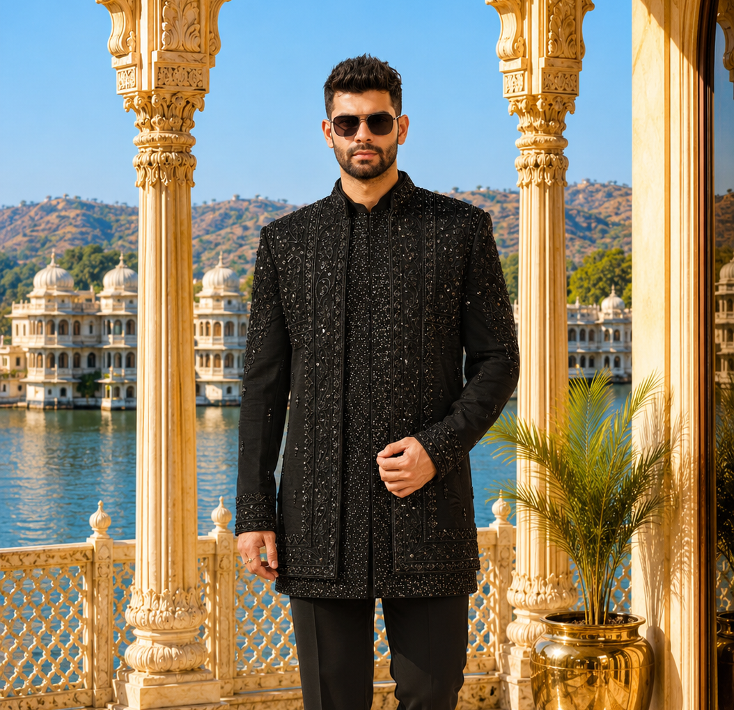Black Indo-Western Sherwani with Shawl for Men | Indian Groom Wedding Outfit