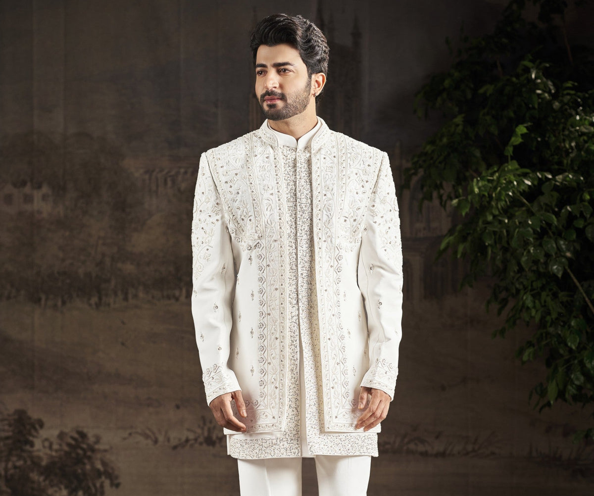 Cream Indo-Western Sherwani for Men | Indian Groom Wedding Outfit