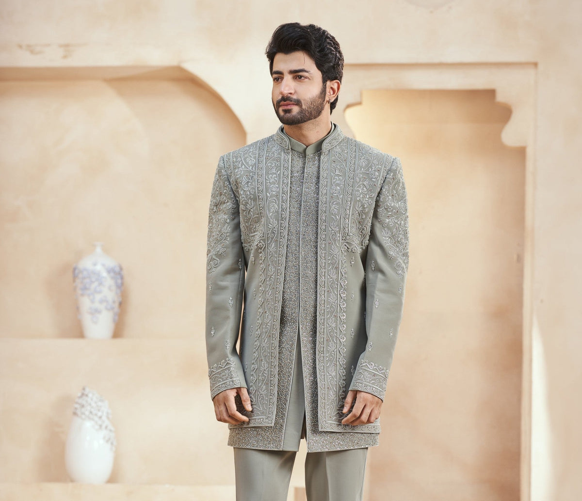 Pistachio Green Indo-Western Sherwani for Men | Indian Groom Wedding Outfit