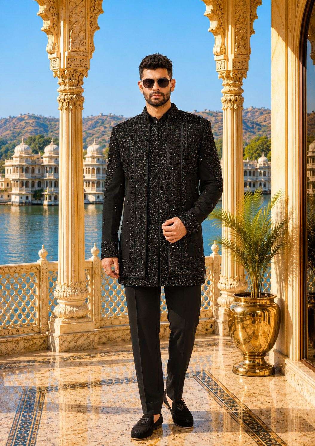 Black Indo-Western Sherwani with Shawl for Men | Indian Groom Wedding Outfit