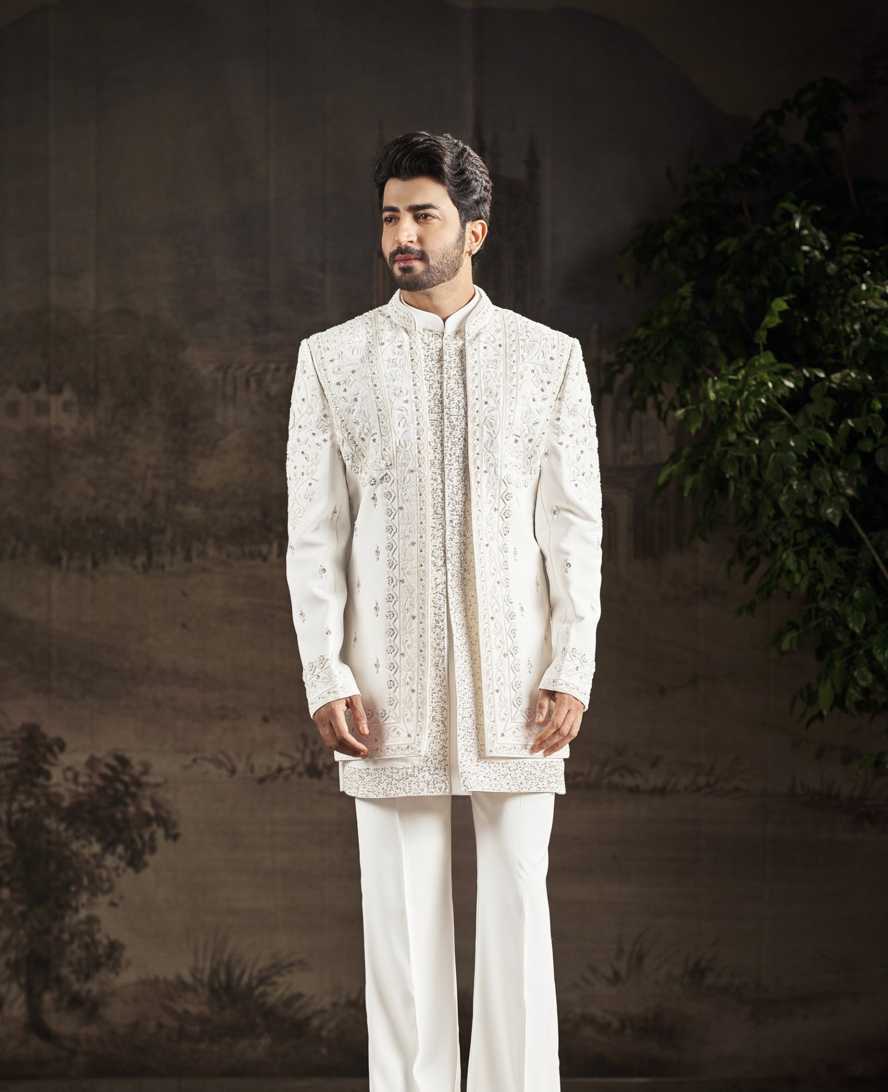 Cream Indo-Western Sherwani for Men | Indian Groom Wedding Outfit