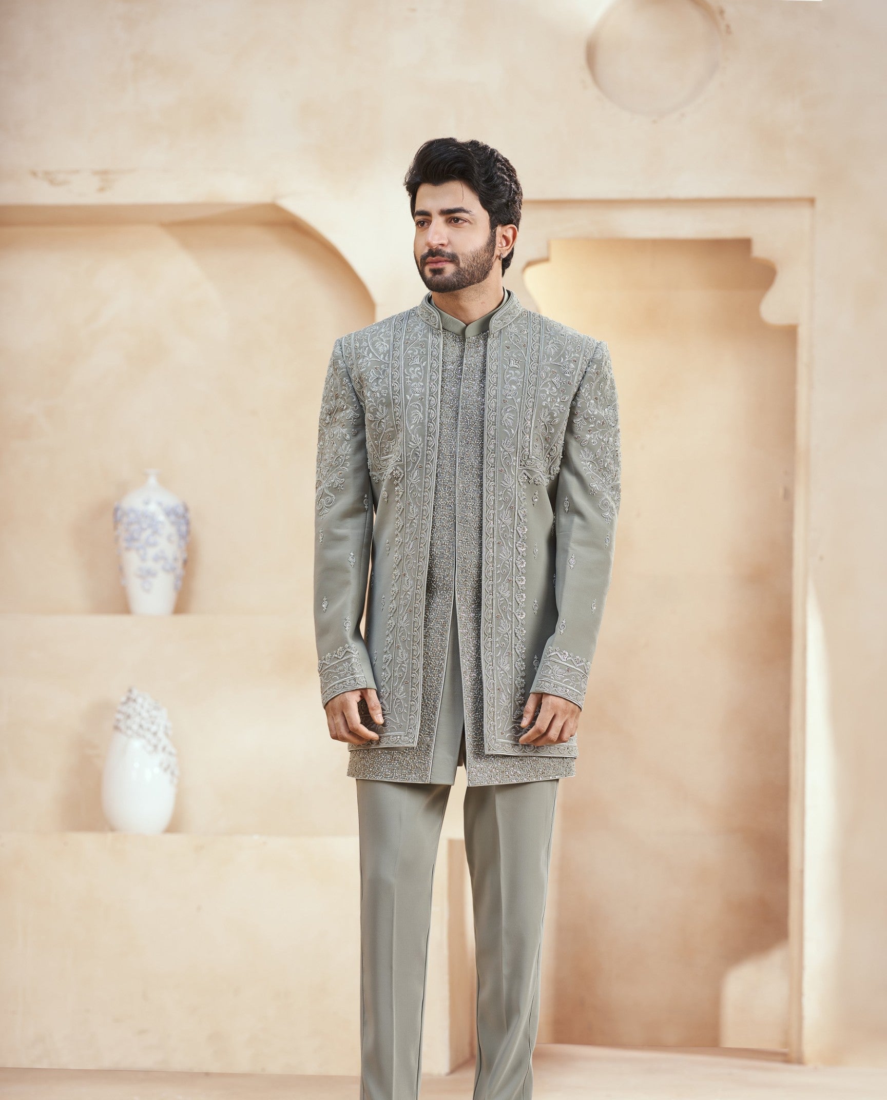 Pistachio Green Indo-Western Sherwani for Men | Indian Groom Wedding Outfit
