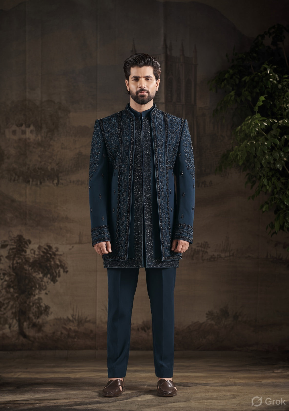 Rama Blue Indo-Western Sherwani for Men | Indian Groom Wedding Outfit