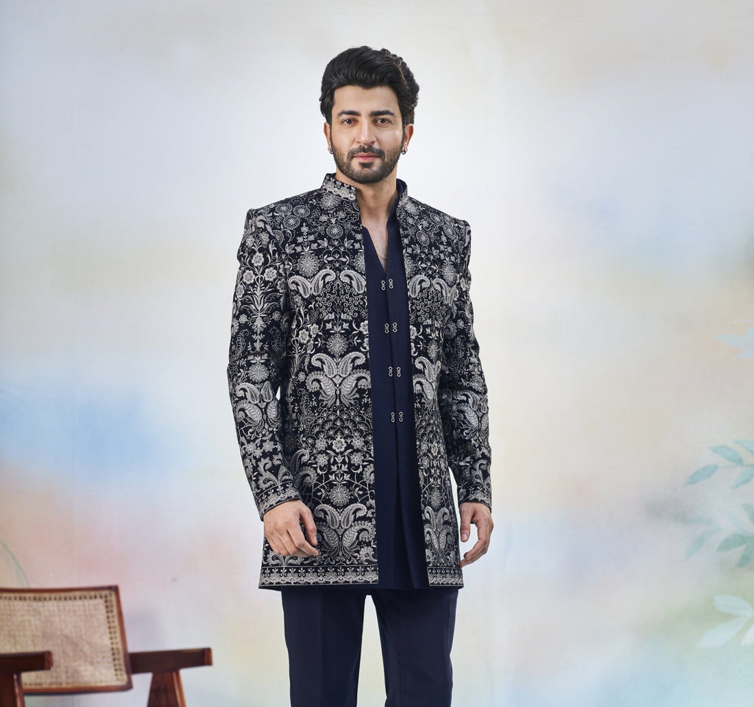 Blue Indo-Western Sherwani for Men | Indian Groom Wedding Outfit