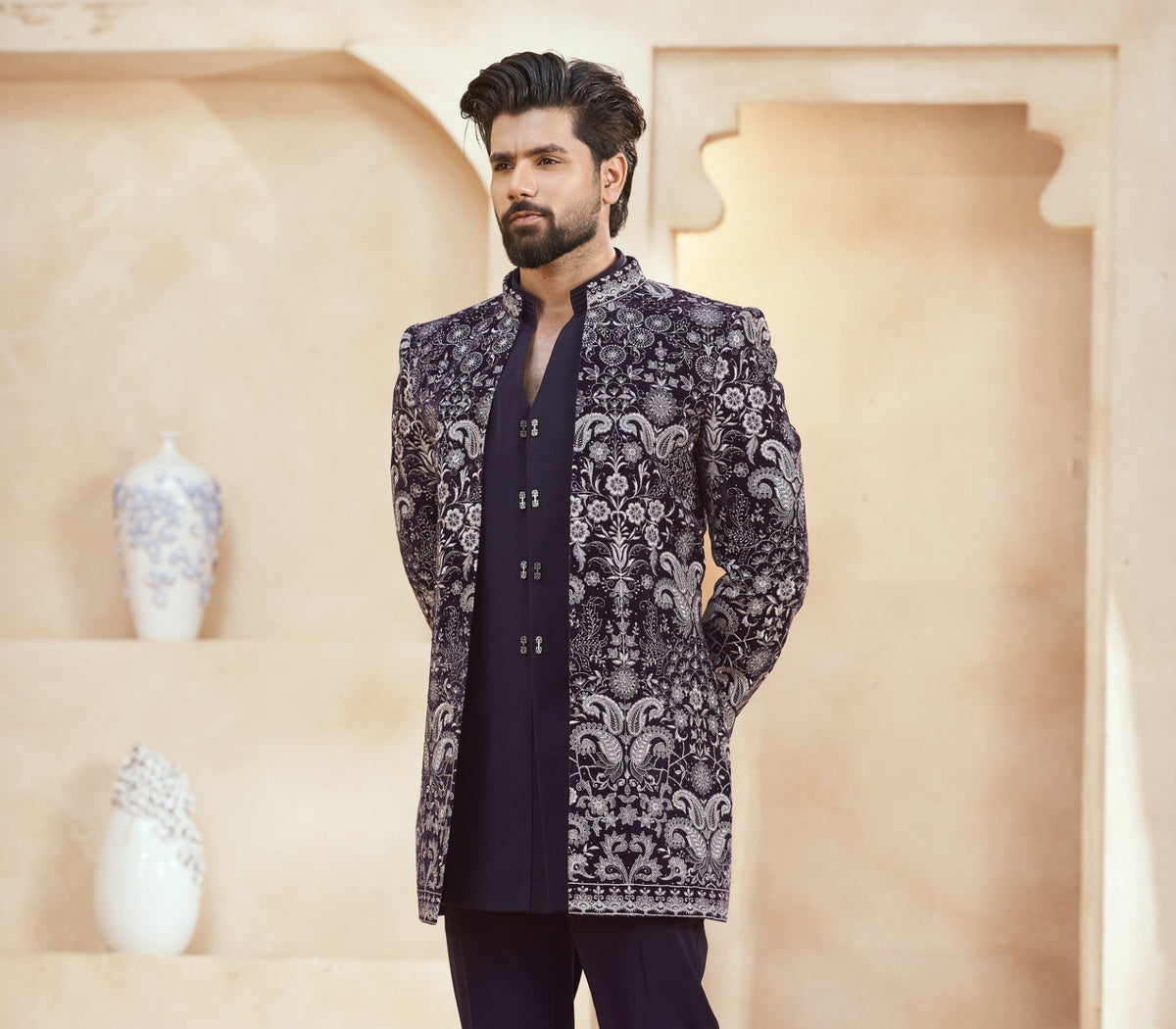Wine Indo-Western Sherwani for Men | Indian Groom Wedding Outfit