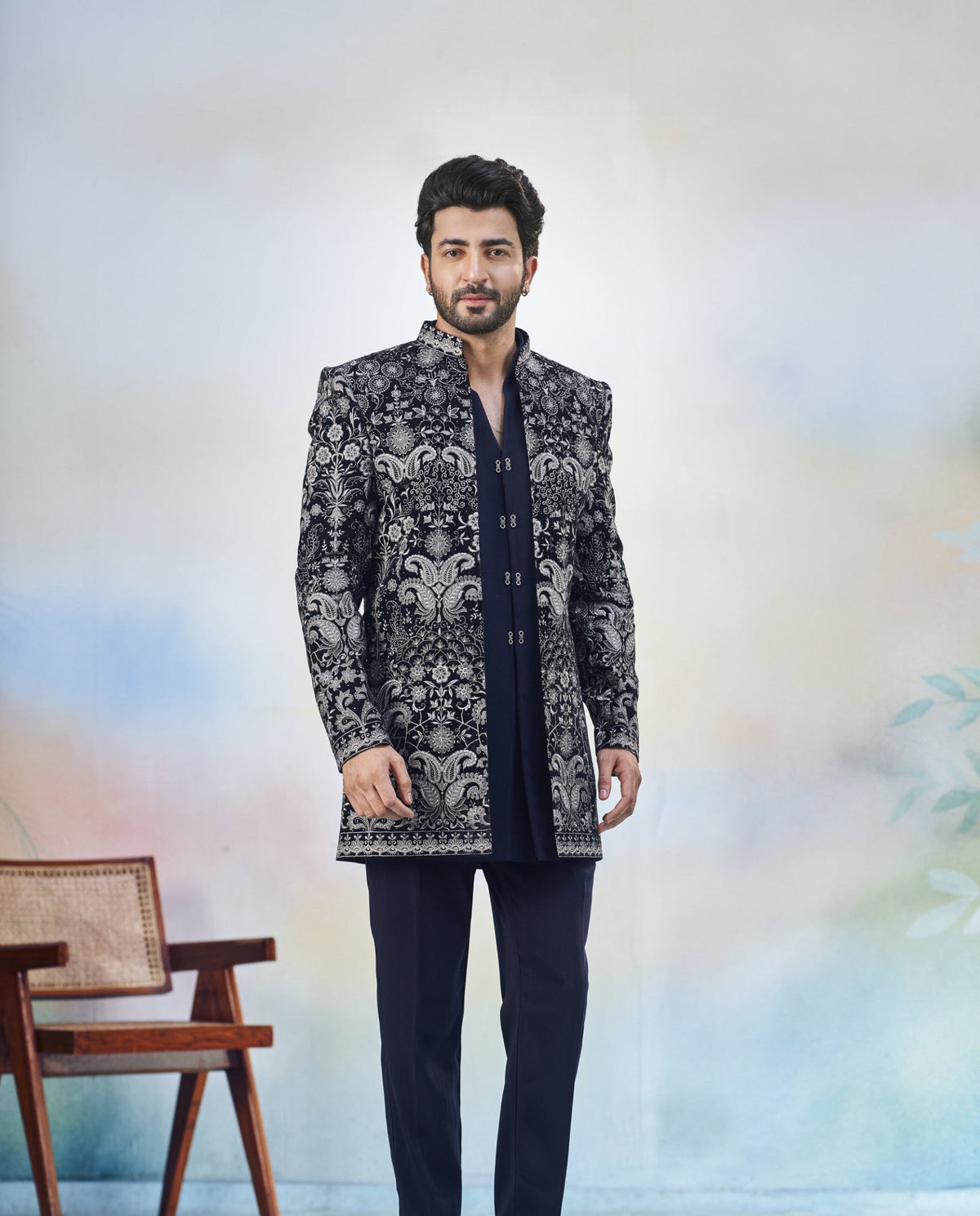 Blue Indo-Western Sherwani for Men | Indian Groom Wedding Outfit