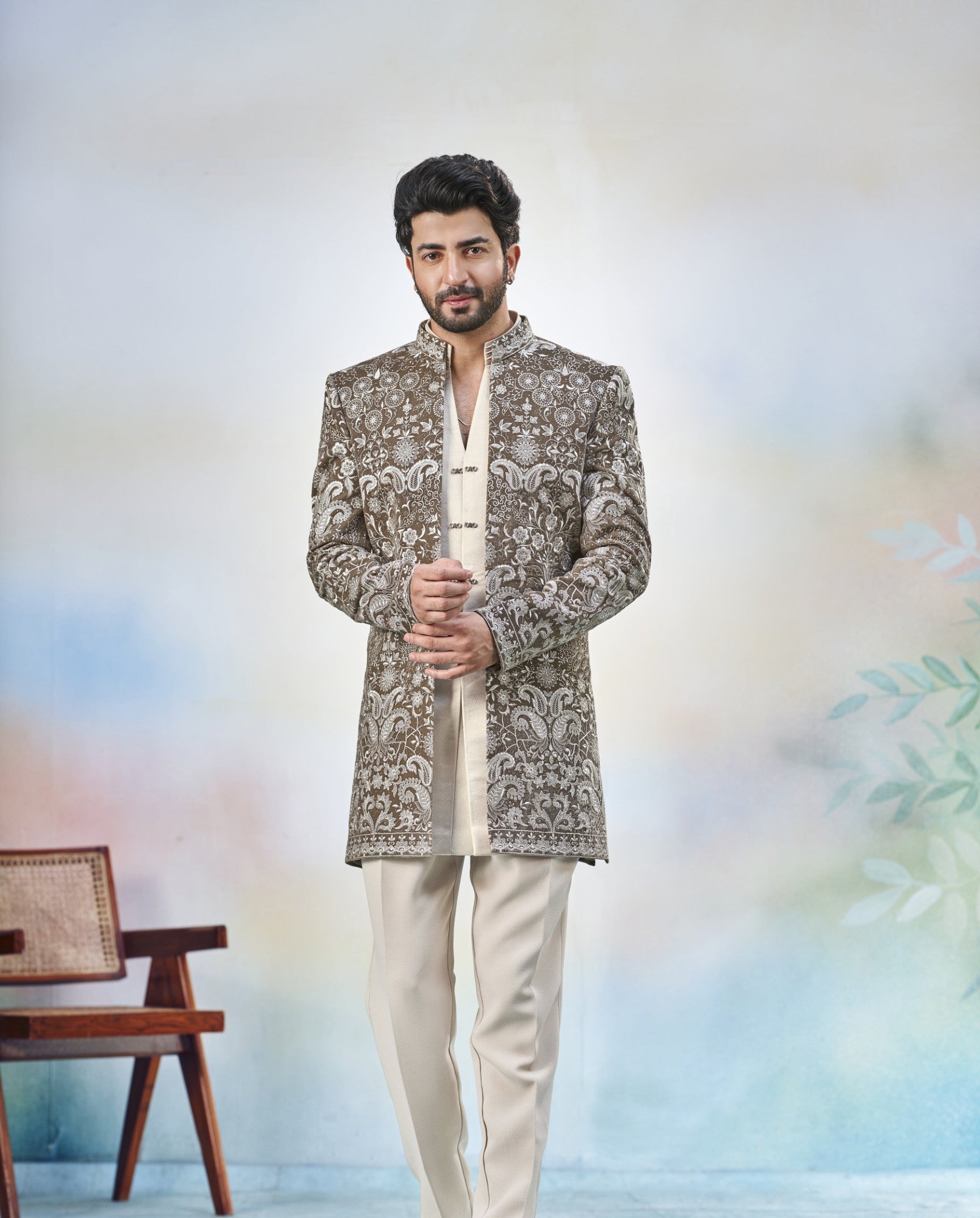 Brown Beige Indo-Western Sherwani for Men | Indian Groom Wedding Outfit