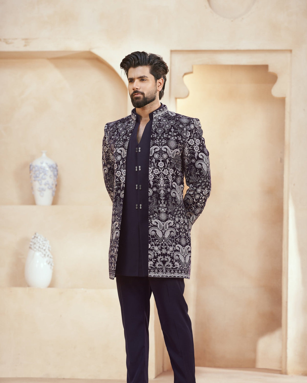 Wine Indo-Western Sherwani for Men | Indian Groom Wedding Outfit