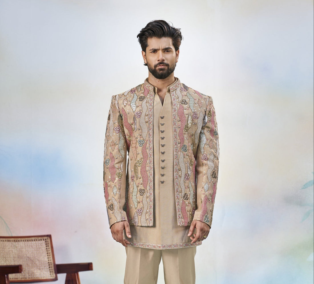 Gold Indo-Western Sherwani for Men | Indian Groom Wedding Outfit