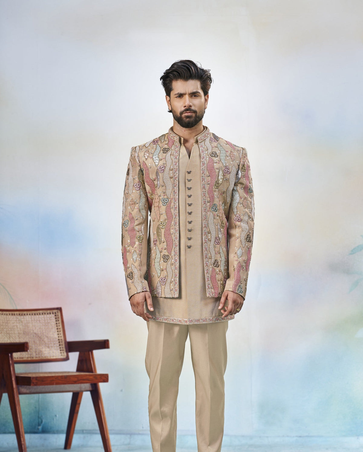 Gold Indo-Western Sherwani for Men | Indian Groom Wedding Outfit