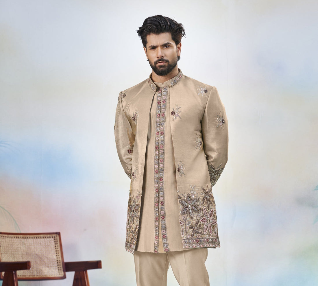 Gold Indo-Western Sherwani for Men | Indian Groom Wedding Outfit