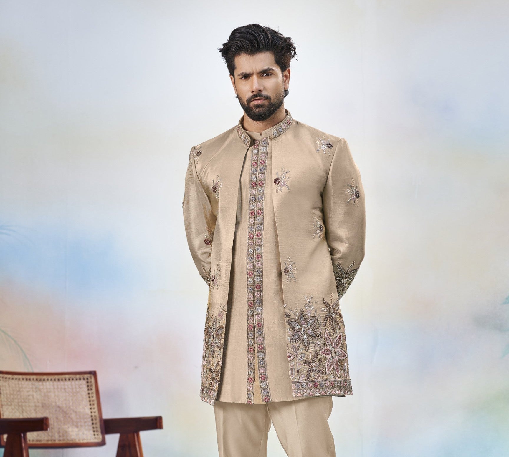 Gold Indo-Western Sherwani for Men | Indian Groom Wedding Outfit