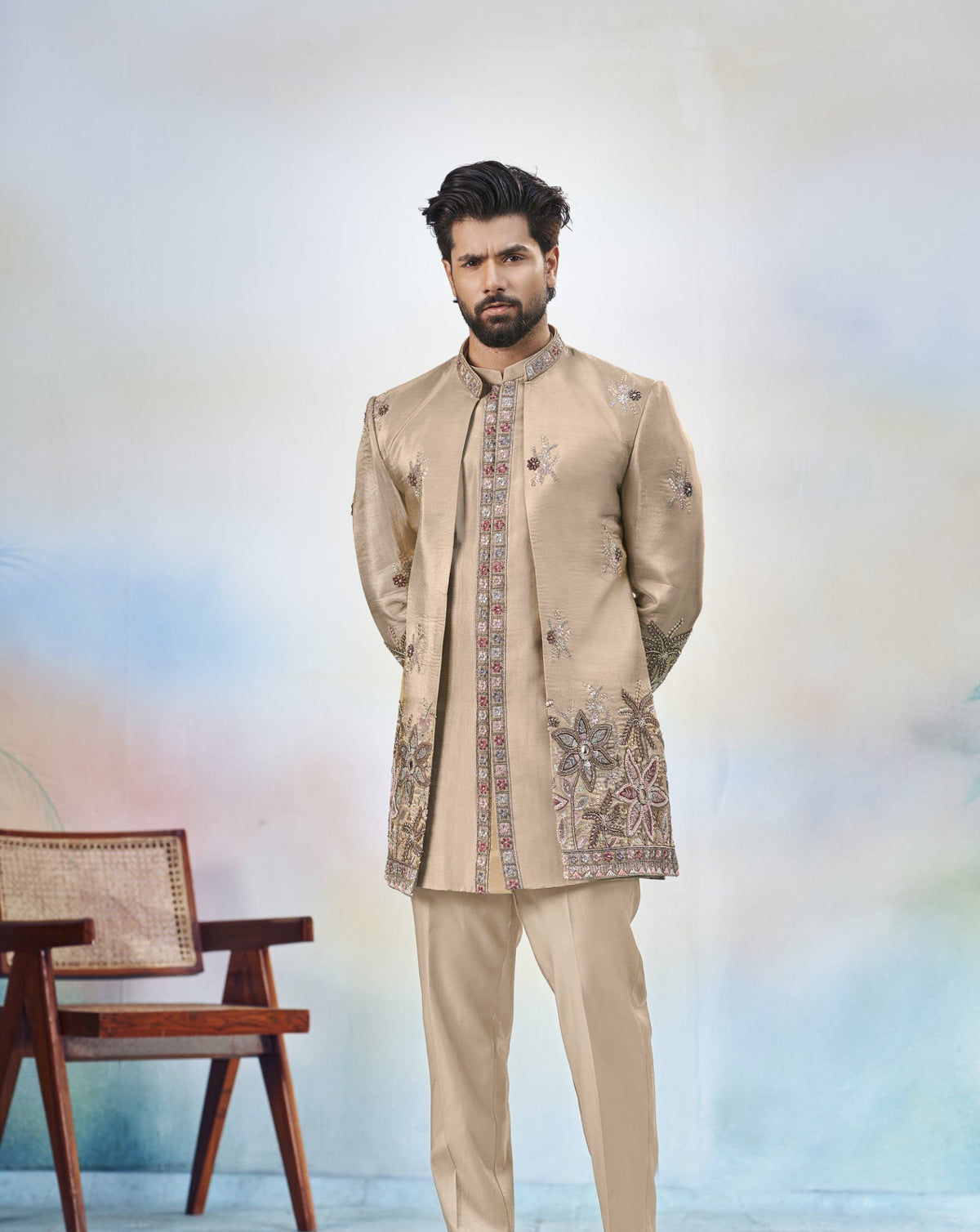Gold Indo-Western Sherwani for Men | Indian Groom Wedding Outfit