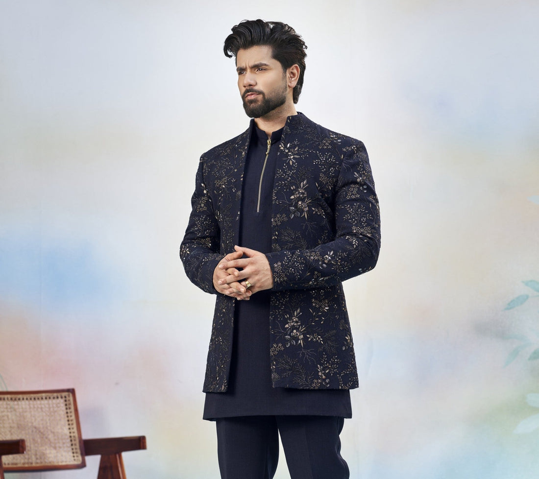 Blue Indo-Western Sherwani for Men | Indian Groom Wedding Outfit