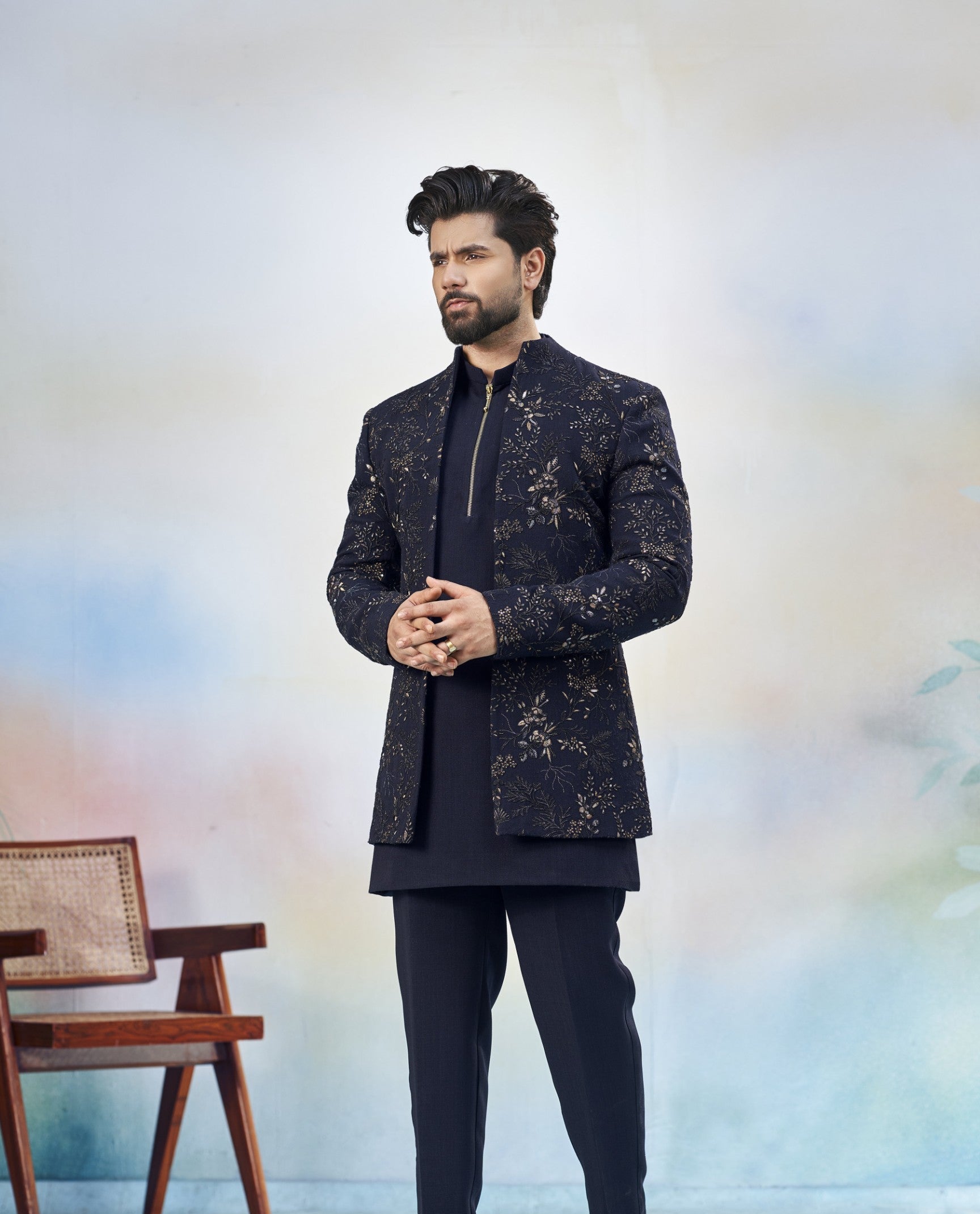 Blue Indo-Western Sherwani for Men | Indian Groom Wedding Outfit