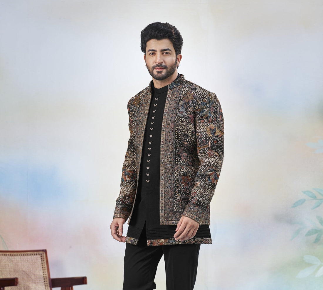 Black Indo-Western Sherwani with Shawl for Men | Indian Groom Wedding Outfit