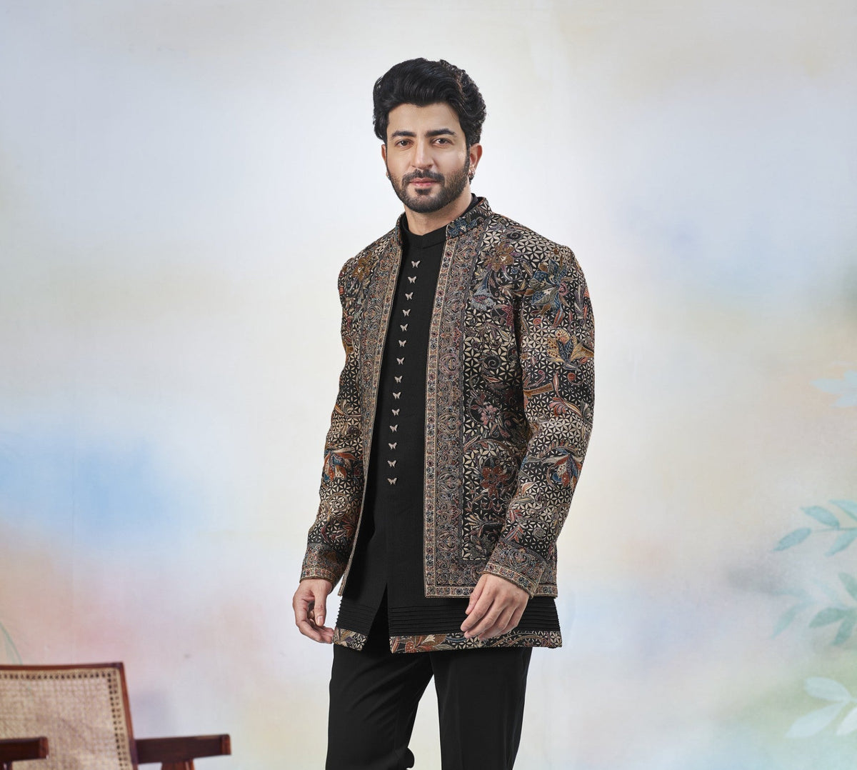 Black Indo-Western Sherwani with Shawl for Men | Indian Groom Wedding Outfit