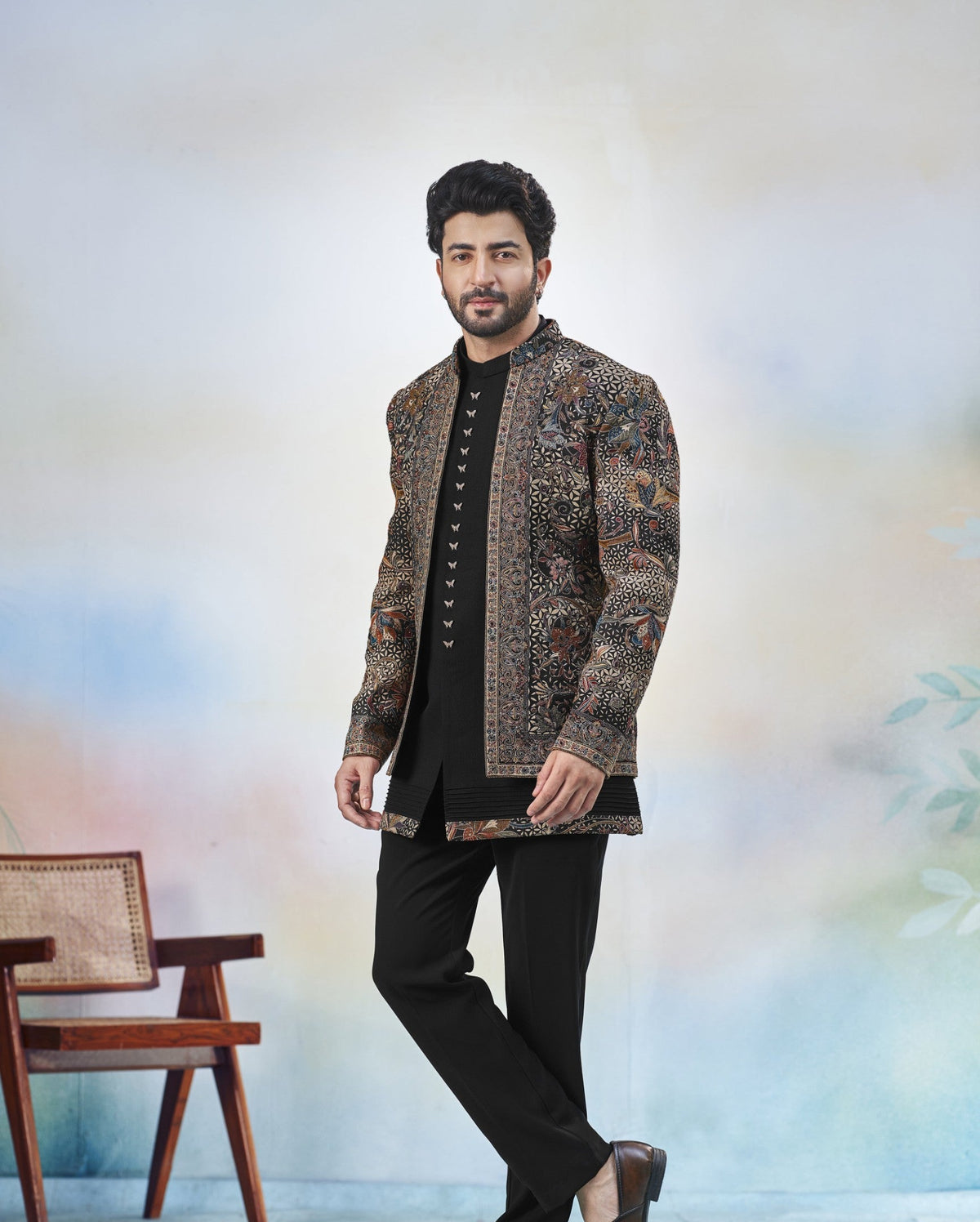 Black Indo-Western Sherwani with Shawl for Men | Indian Groom Wedding Outfit