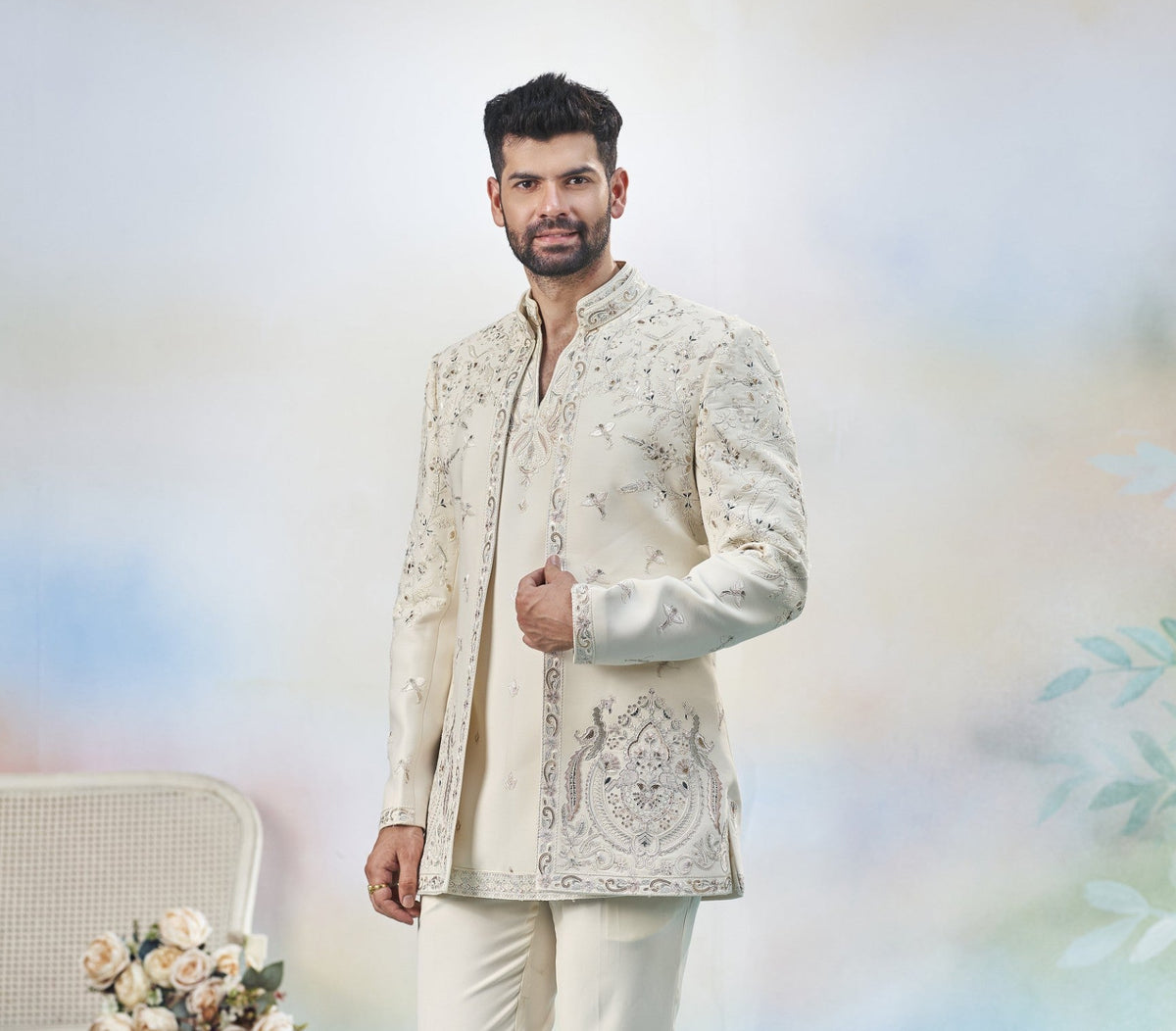 Cream Indo-Western Sherwani for Men | Indian Groom Wedding Outfit