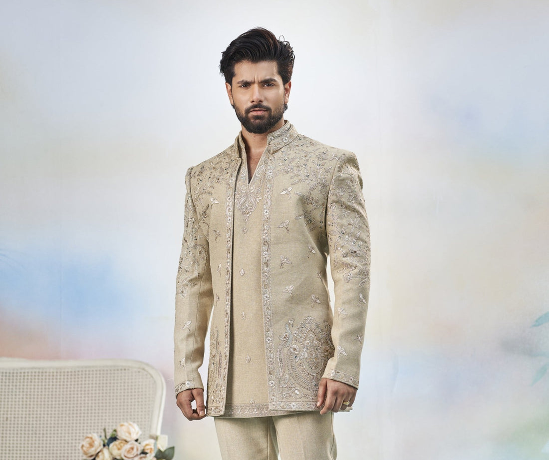 Gold Indo-Western Sherwani for Men | Indian Groom Wedding Outfit