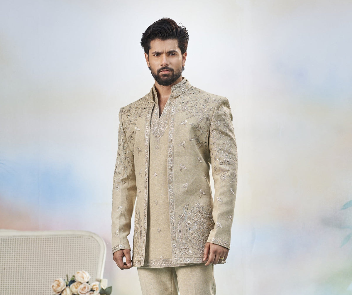 Gold Indo-Western Sherwani for Men | Indian Groom Wedding Outfit