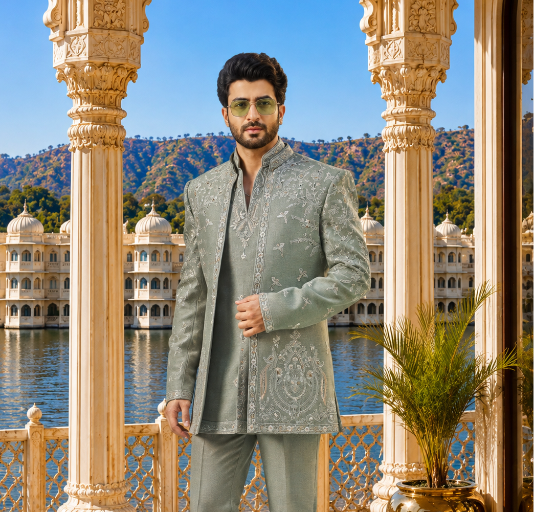 Pistachio Green Indo-Western Sherwani for Men | Indian Groom Wedding Outfit