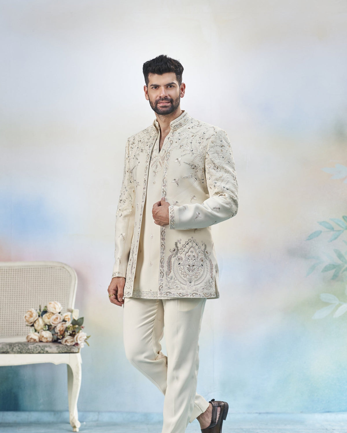 Cream Indo-Western Sherwani for Men | Indian Groom Wedding Outfit
