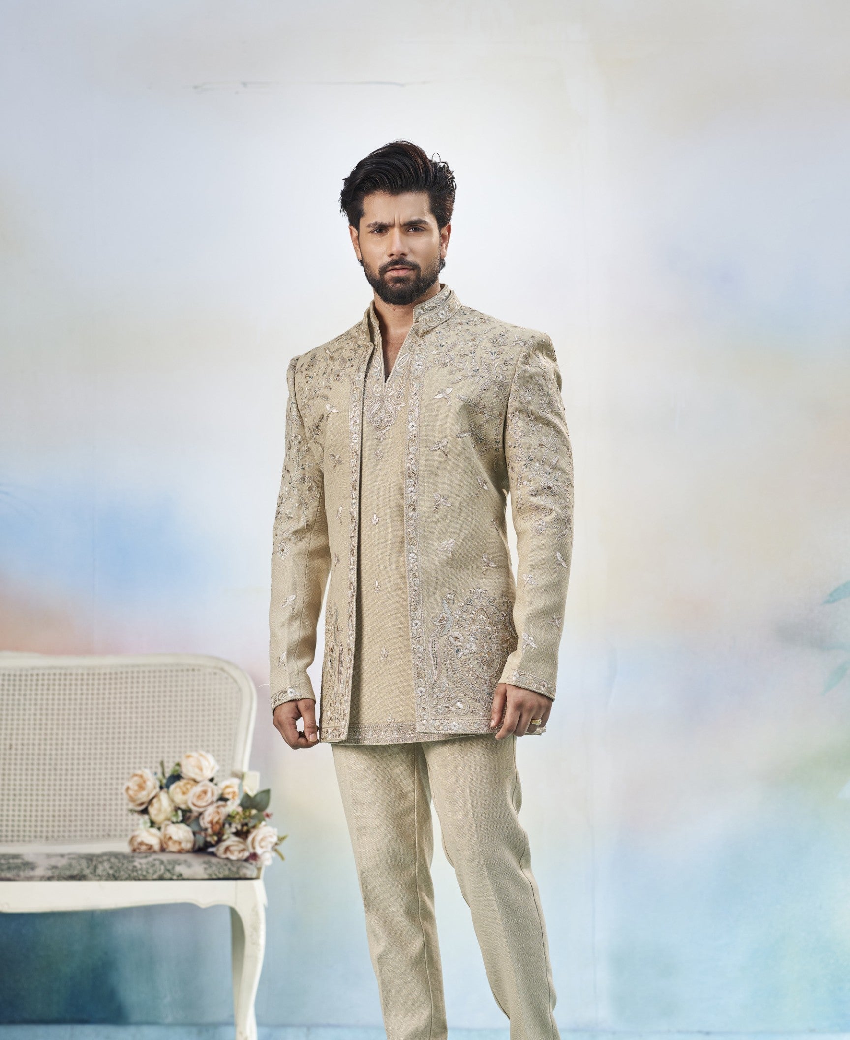 Gold Indo-Western Sherwani for Men | Indian Groom Wedding Outfit