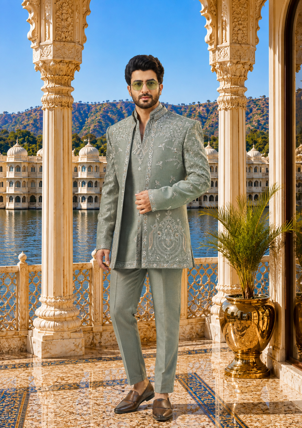 Pistachio Green Indo-Western Sherwani for Men | Indian Groom Wedding Outfit